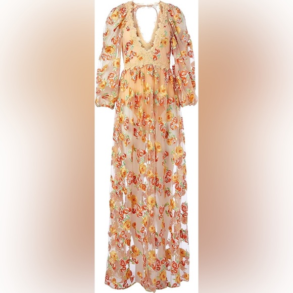 For Love And Lemons Dresses & Skirts - Floral Orange mesh maxi dress with body suit.